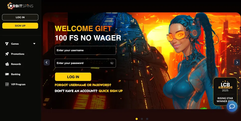 Orbit Spins Casino Canada homepage screenshot for Canadian players